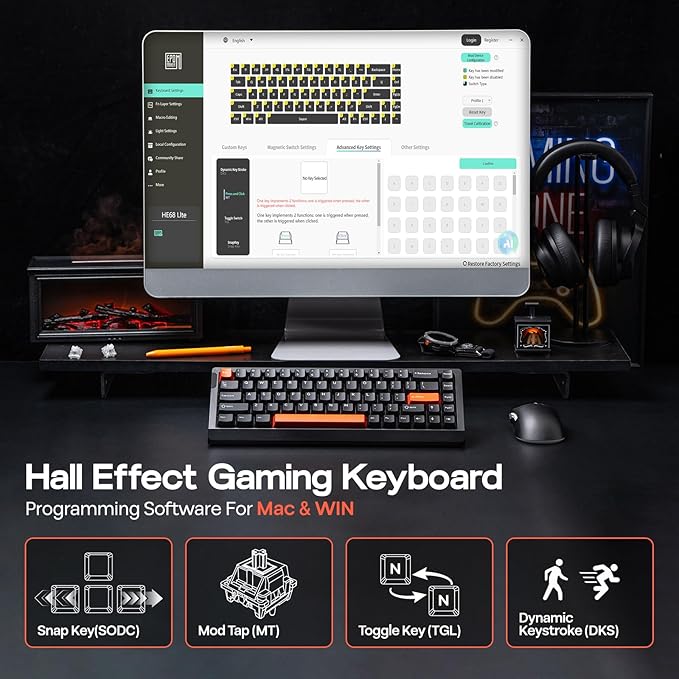 EPOMAKER HE68 Lite Hall Effect Gaming Keyboard, 8k Polling & 128K Scan Rate, 0.005mm Adjustable Trigger, 0.125ms Latency, 5-Layer Sound-Dampened, Snap Key, SOCD, A-RGB, Wired, Mac Software (Black Red)