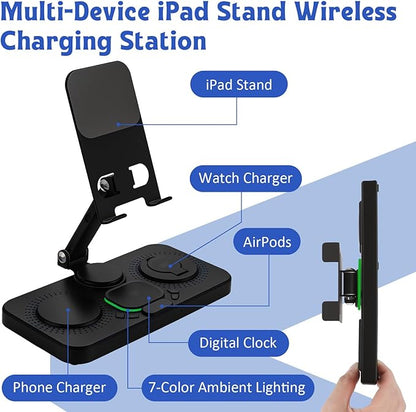 6-in-1 Wireless Charging Station for Apple Products with Clock, 7-Color RGB and Foldable,30W Multiple Devices Wireless Charging Stand for iPad Stand, for iphone17, for AirPods, for Apple Watch