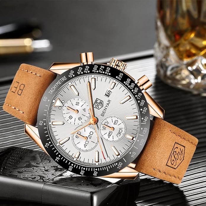 BY BENYAR Watch for Men Analog Quartz Chronograph Waterproof Luminous Designer Mens Wrist Watches Business Work Sport Casual Dress Watch with Silicone Strap Elegant Gifts for Men