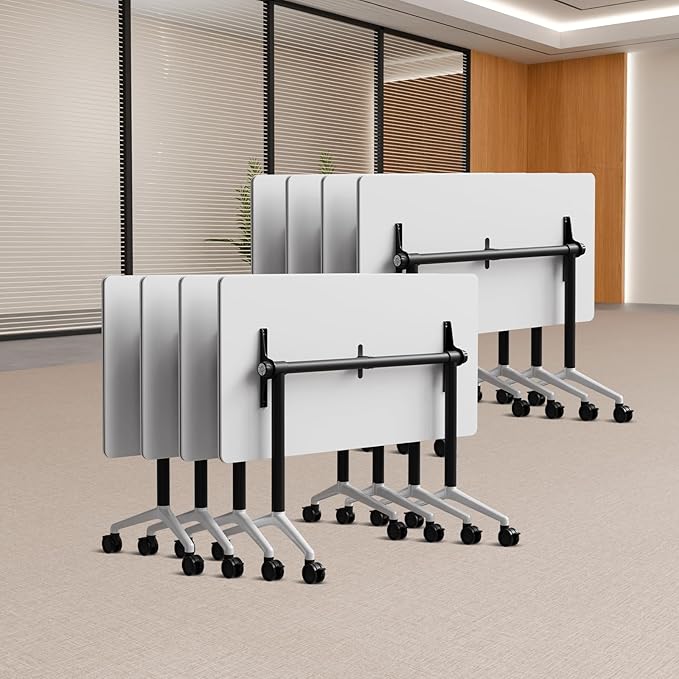 Folding Conference Table, Conference Room Tables Foldable Large Meeting Seminar Table on Wheels,Flip Top Boardroom Training Tables for Office, Classroom,Meeting (8, White2, 47.2in)