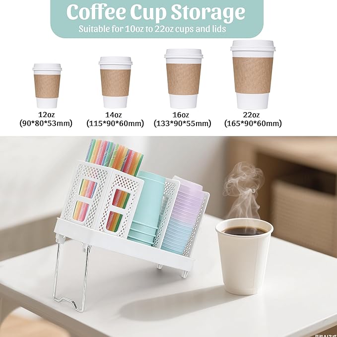 Coffee Cup Dispenser with Straws Holder, Plastic Coffee Cup and Lid Holder, 5-20oz Disposable Paper Cups Organizer for Countertop, Station, Bar, Office, Restaurant, Breakroom (White)