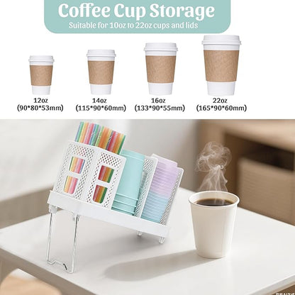 Coffee Cup Dispenser with Straws Holder, Plastic Coffee Cup and Lid Holder, 5-20oz Disposable Paper Cups Organizer for Countertop, Station, Bar, Office, Restaurant, Breakroom (White)