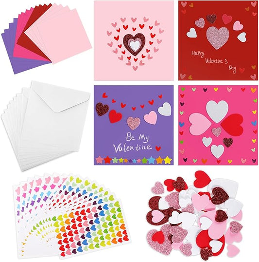 Zonon 16 Pack Valentines Crafts DIY Card Valentines's Day Kits Foam Heart Sticker Craft DIY Kits Envelopes Cards Set for Exchange Gifts (Bright Color)