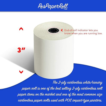 50 Rolls 3" x 95' 2-Ply Carbonless White/Canary Cash Register Paper for M119 Hypercom T77F (Impact Printer) NCR 7445-1000 Samsung SRP-100 Visit the PosPaperRoll Store