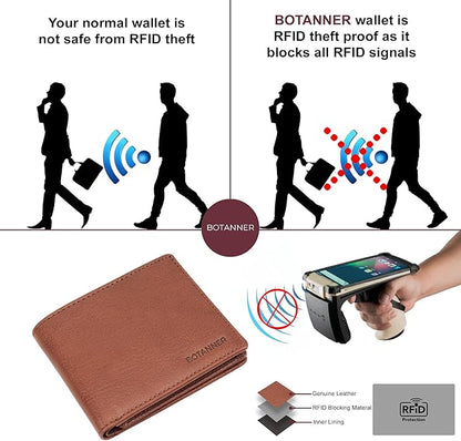 Genuine Leather Mens Bifold Flip ID Wallet RFID Blocking 8 Credit Card Slots 2 ID Window 2 Sections for Bills 3 Additional Slots | Choco
