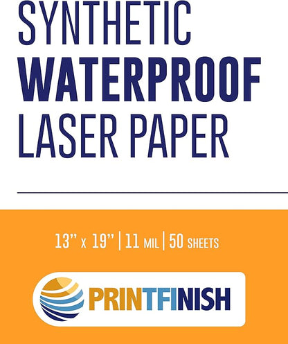 Printfinish Synthetic Laser Paper | 13x19 Weatherproof Copy Paper | 305mm x 457mm 11 Mil Tear Resistant Printer Paper | Superior Laser Image Quality | Ideal for Full-Colour Prints (Box of 50)