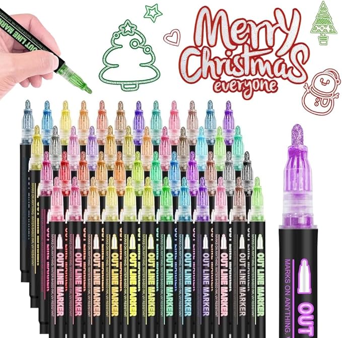 Marker Pen for Highlight, Outline Shimmer Markers Double Line Self-Outline Metallic Glitter Pens Super Squiggles Glitter Marker Set for Card Scrapbook Craft Arts Supplies, Gifts for Kids Teen Girl(48)
