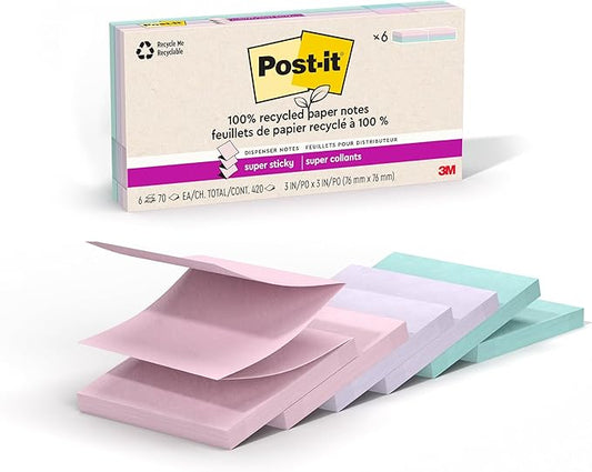 Post-it Super Sticky 100% Recycled Pop-up Notes, 3 in. x 3 in., 70 Sheets, 6 Pads, Wanderlust Collection, School Supplies and Office Products