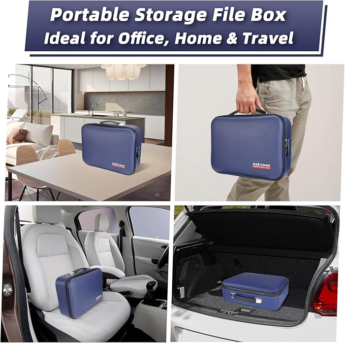 Fireproof Document Storage Box Hard Case With Lock, Multi-Layer Fire Proof Water Resistant Safe Box File Organizer Bag With Small Money Bag for Important Documents Passport Certificates Laptop (Blue)