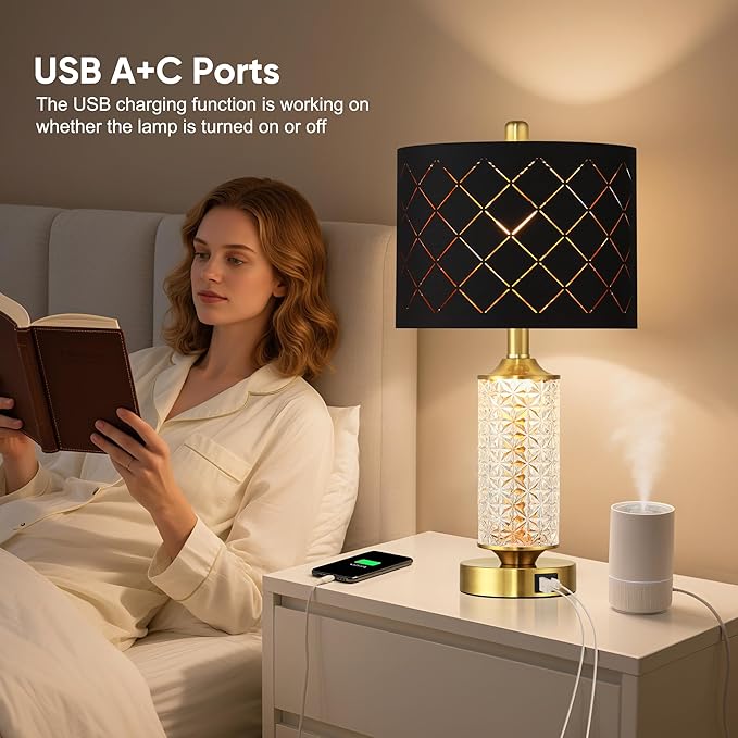 QiMH Set of 2 Table Lamps with USB A+C Ports, Black Grid Shade Modern Bedside Lamp with LED Night Light for Bedroom, Nightstand Lamps for Living Room Office, Gold(2 Bulbs Included)