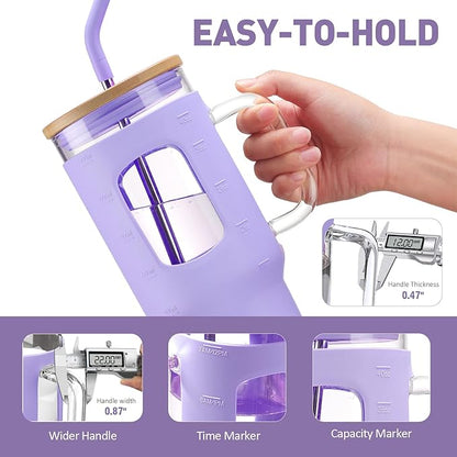 Glass Tumbler with Straw and Lid, 40 oz glass cup with handle, Glass Water Bottles with Time Marker, Silicone Protective Sleeve-Purple