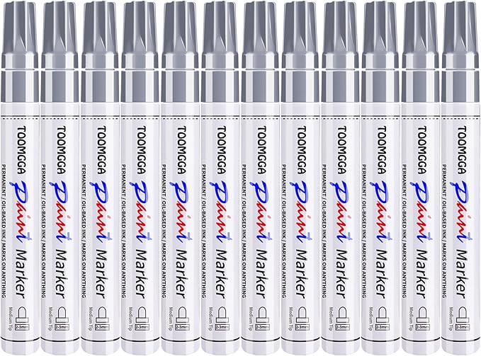 Silver Paint Pens Paint Markers - 12 Pack Permanent Markers Oil Based for Metal Wood, Pens for Metal, Car Tyre, Wood, Plastic, Rock Painting, Glass, Craft Supplies, Waterproof