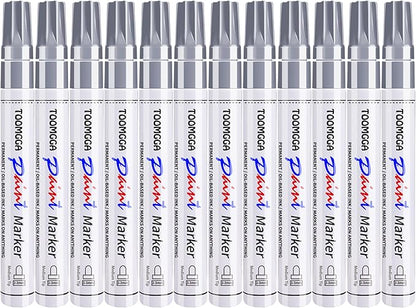 Silver Paint Pens Paint Markers - 12 Pack Permanent Markers Oil Based for Metal Wood, Pens for Metal, Car Tyre, Wood, Plastic, Rock Painting, Glass, Craft Supplies, Waterproof