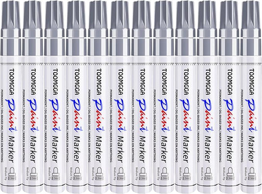 Silver Paint Pens Paint Markers - 12 Pack Permanent Markers Oil Based for Metal Wood, Pens for Metal, Car Tyre, Wood, Plastic, Rock Painting, Glass, Craft Supplies, Waterproof