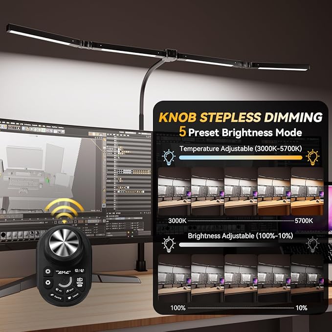 Adjustable LED Desk Lamp – Stepless Dimming & Color Temp Remote Control, Eye-Caring 4 Large Bright Light Souce for Home Office, Flexible Neck, Clamp Base, 5 Lighting Modes for Reading, Computer, DIY