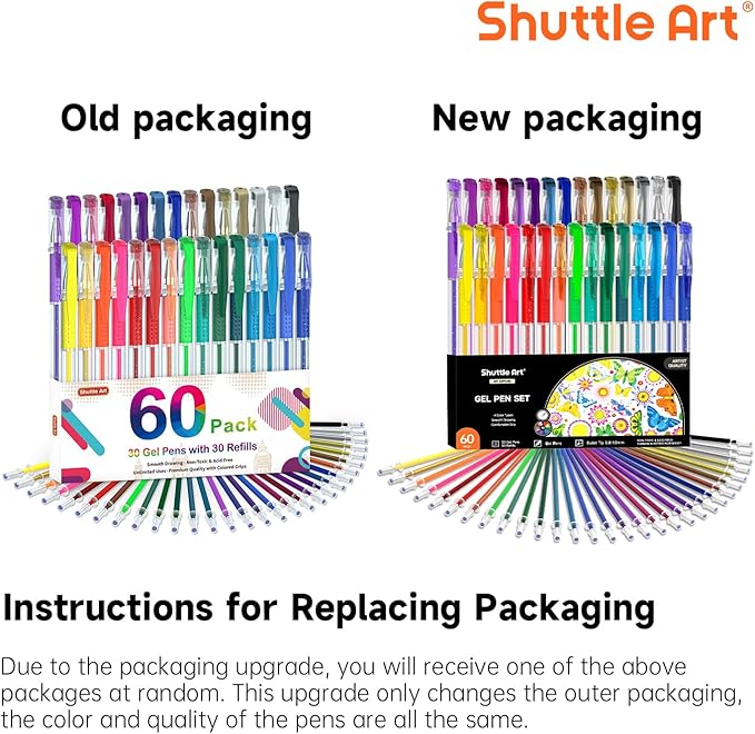 Shuttle Art Gel Pens 60 Pack — Assorted Colors with Ink Refills for Journaling & Drawing