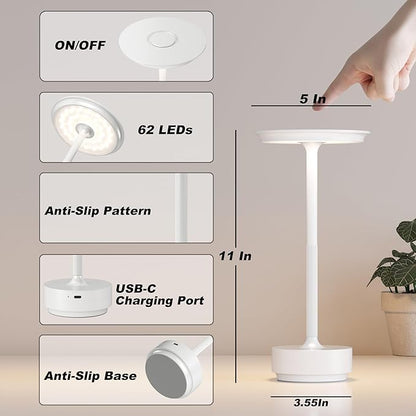 Rechargeable Table Lamps Cordless, Portable 5000mAh Outdoor Table Light, 3 Color Stepless Dimming LED Table Lamp with Memory Function, for Home/Dinner/Patio/Restaurant.(White)