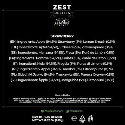 Dried Fruit Bars by Zest Delites, Fruit Leather Snacks, Strawberry Strips, Healthy Snacks Pack for Adults & Kids, Lavashak, Vegan, Apple-Based, Strawberry, 0.88 oz x 10