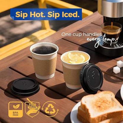 Fit Meal Prep 100 Pack 10 oz Disposable Coffee Cups with Lids, Sleeves, Leak-Proof To Go Coffee Cups with Lids, Durable Paper Cups for Hot Beverage, Home, Office, Party