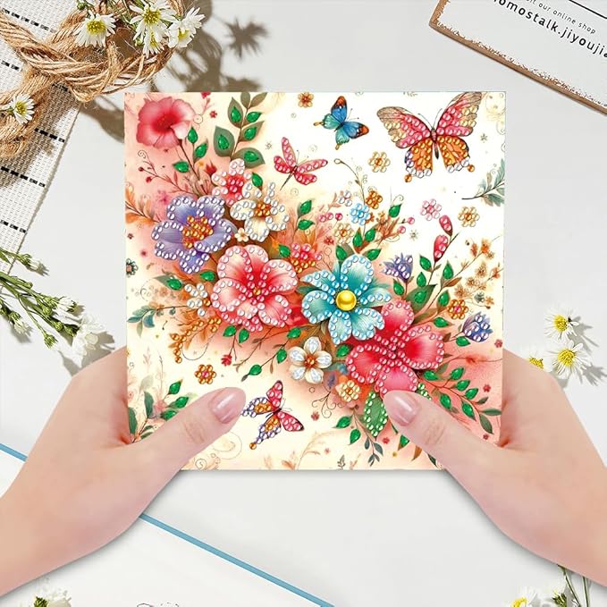6pcs DIY Flower Butterfly Diamond Art Painting Greeting Cards Kit, Rhinestone Art Holiday Birthday Card Set with Envelopes, DIY Festival Craft for Girlfriend, Christmas Valentine Gift Making Supplies