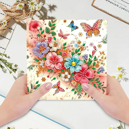 6pcs DIY Flower Butterfly Diamond Art Painting Greeting Cards Kit, Rhinestone Art Holiday Birthday Card Set with Envelopes, DIY Festival Craft for Girlfriend, Christmas Valentine Gift Making Supplies
