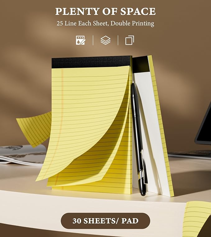 Small Legal Pads 5x8 Notepad, 6 Pack Note Pads 5x8 College Ruled Writing Pads Yellow Legal Note Pads for Work, Micro Perforated Lined Paper 5 x 8 Note Pads 30 Sheets/Pad College Ruled Pads of Paper