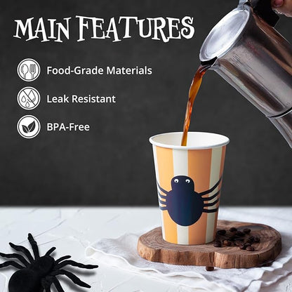 Halloween Disposable Paper Party Cups, Bulk 50 Pack, Leak-Resistant, 12 oz Hot and Cold Cups for Restaurants and Parties, Spider