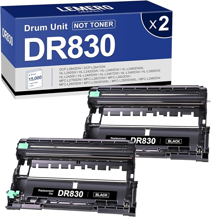 DR830 Drum Unit Compatible Replacement for Brother DR830 DR 830 DR-830 Drum to use with HL-L2460DW DCP-L2640DW HL-L2405W MFC-L2820DW HL-L2400D HL-L2480DW MFC-L2820DW Printer 2 Pack (Drum only)