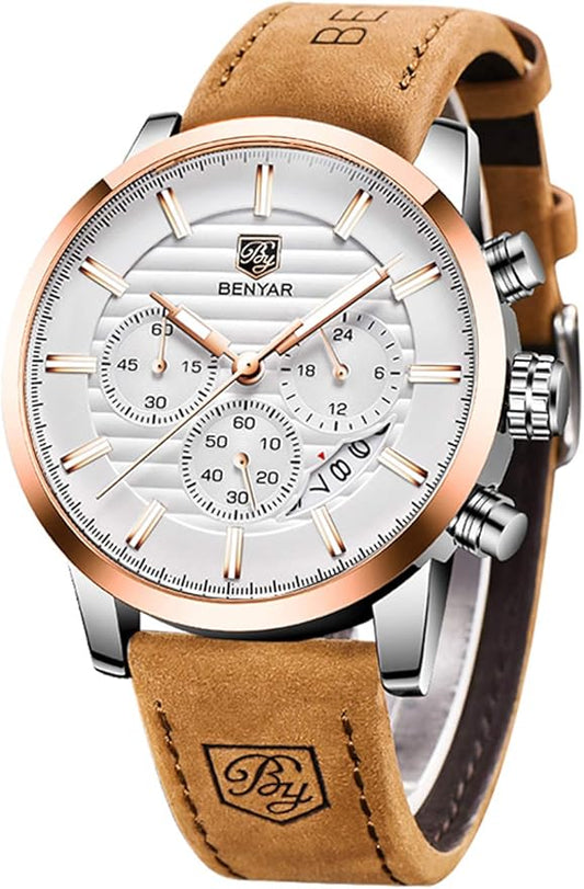 BENYAR Quartz Chronograph Waterproof Watches Business and Sport Design Leather Band Strap Wrist Watch for Men