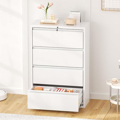 Greenvelly 4 Drawer Lateral File Cabinet with Lock, White Metal Filing Cabinet for Home Office, Locking Metal File Cabinet for Legal/Letter/A4/F4 Size with Hanging Bars&Key