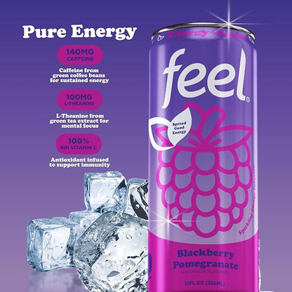 FEEL Zero Sugar Natural Energy Drink – Blackberry Pomegranate, 140mg Plant-Based Caffeine with L-Theanine for Focus, Vitamin C for Immunity, Vegan, Non-GMO, No Artificial Sweeteners, 12 Fl Oz Cans (12-Pack)