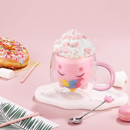 ecooe Cute Unicorn Mug Double Walled Glass Mug 9.4oz Coffee Cup Cappuccino Latte Glass Milk Tea Cup with Handle Spoon, Birthday Christmas Thanksgiving Day for Women Wife Mum Kids Friends Teachers