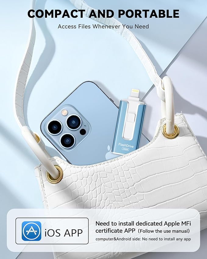 MFi Certified Flash Drive for iPhone iPad 512GB, Photo Stick for External Memory Storage, Easily Back Up and Save Photos Videos, USB Memory Stick Thumb Drive for iPhone/iPad/Android/PC (Sky Blue)