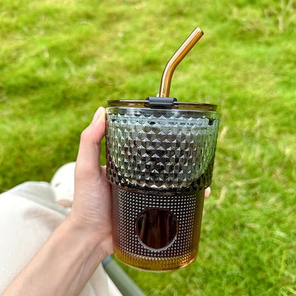 13 oz Tumbler Water Glass, Water Bottle with Straw and Dustproof Lid, Coffee Ice Cup Double Wall Insulated Glass Cup (Amber-Ribbed)