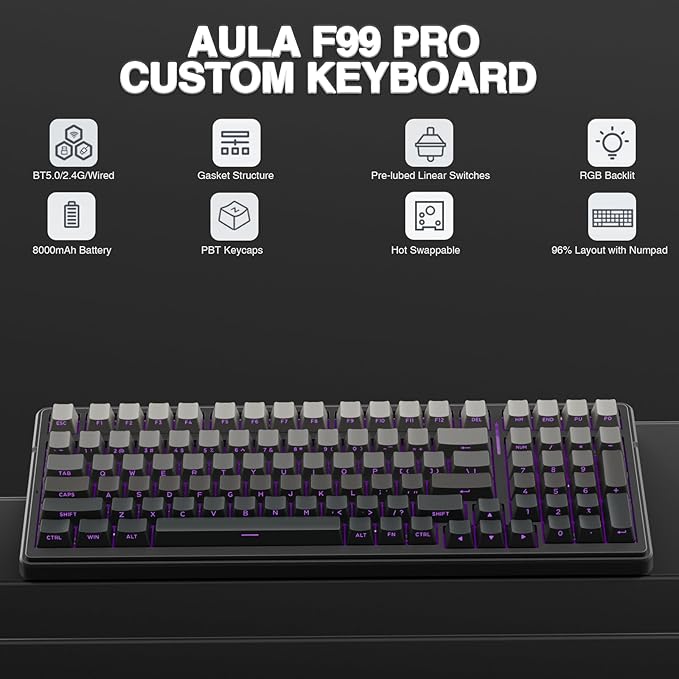 AULA F99 Pro Wireless Mechanical Keyboard,Gasket Structure Hot Swappable Custom Keyboard,RGB Backlit,Creamy Sound,Side Printed PBT Keycaps,2.4GHz/USB-C/BT5.0 Computer Gaming Keyboards