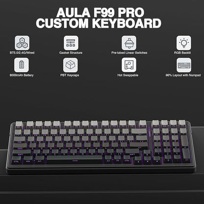 AULA F99 Pro Wireless Mechanical Keyboard,Gasket Structure Hot Swappable Custom Keyboard,RGB Backlit,Creamy Sound,Side Printed PBT Keycaps,2.4GHz/USB-C/BT5.0 Computer Gaming Keyboards