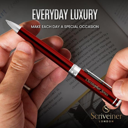 Scriveiner Personalized Deep Crimson Red Pen - Stunning Red Lacquer Luxury Pen with Chrome Finish, Schmidt Ink Refill, Best Engraved Ball Point Gift Set for Men & Women, Custom Name Engraving