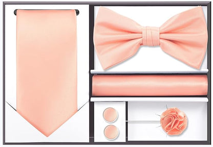 TIE G 5pcs Tie Set in WHITE OR BLACK GIFT BOX: Solid Color Necktie, Satin Bow Tie, Pocket Square, Lapel, Cuff Links