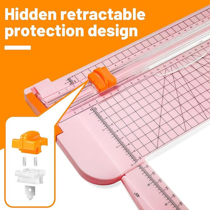 12-Inch A4 Paper Cutter 3-Piece Set with Automatic Safety Guard, Precision Side Ruler, Non-Slip Base – Ideal for Craft Paper Gift Cards Coupons Labels Photos – Durable Pink Trimmer for Home & Office
