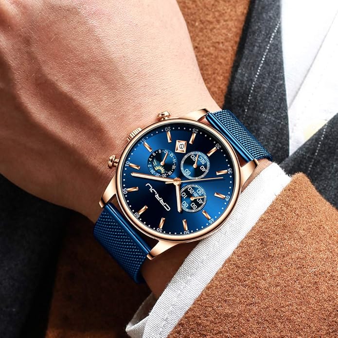 CRRJU Men's Fashion Casual Watches Auto Date Chronograph Watch Men Nice Work Watches Waterproof 30M Full Steel Quartz with Mesh Strap