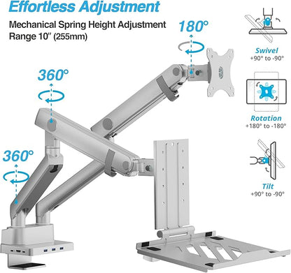 AVLT Dual 17”-38" Monitor Arm Desk Mount with 17" Laptop Tray and USB-C Docking Station, HDMI 4K60Hz, USB-A 5Gbps, Ethernet, 100W PD, Fits Two Flat/Curved Monitor - Gray