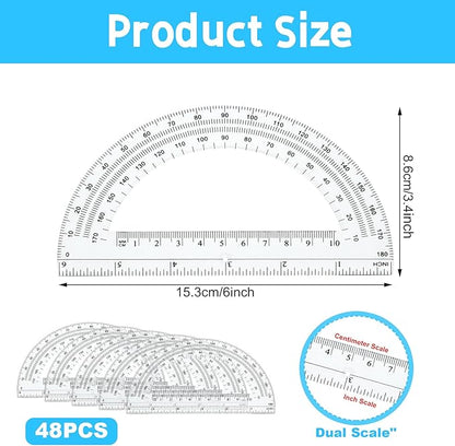 CertBuy 48 Pack Clear Protractor 6 Inch, Plastic Protractor Math Protractors 180 Degrees for Angle Measurement, Protractor for Geometry,Student Math Protractor Ruler for Drawing Geometry Classroom