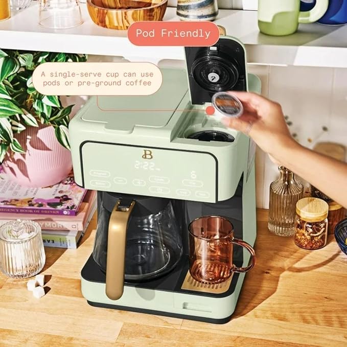 Beautiful Multi-Brew Coffee Maker – 12-Cup Carafe & Single-Serve Pod or Grounds, Iced Coffee Mode, Programmable Touch Display, Includes Filters (Sage Green)