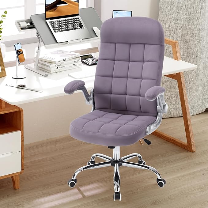 High Back Fabric Office Chair Purple, Velvet Executive Desk Chairs with Flip-Up Arms, Ergonomic Office Chairs with Lumbar Support, Upholstered Home Computer Swivel Chair with Wheels