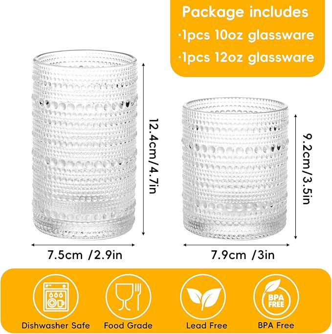 Moretoes Water Glass Cups Set of 2 Hobnail Drinking Glasses, Vintage Glassware 12 Oz Highball Glasses & 10 Oz Cocktail Glasses, Clear Embossed Tumbler Glassware Set for Whiskey, Beer, Juice, Milk