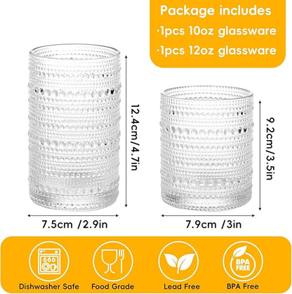 Moretoes Water Glass Cups Set of 2 Hobnail Drinking Glasses, Vintage Glassware 12 Oz Highball Glasses & 10 Oz Cocktail Glasses, Clear Embossed Tumbler Glassware Set for Whiskey, Beer, Juice, Milk