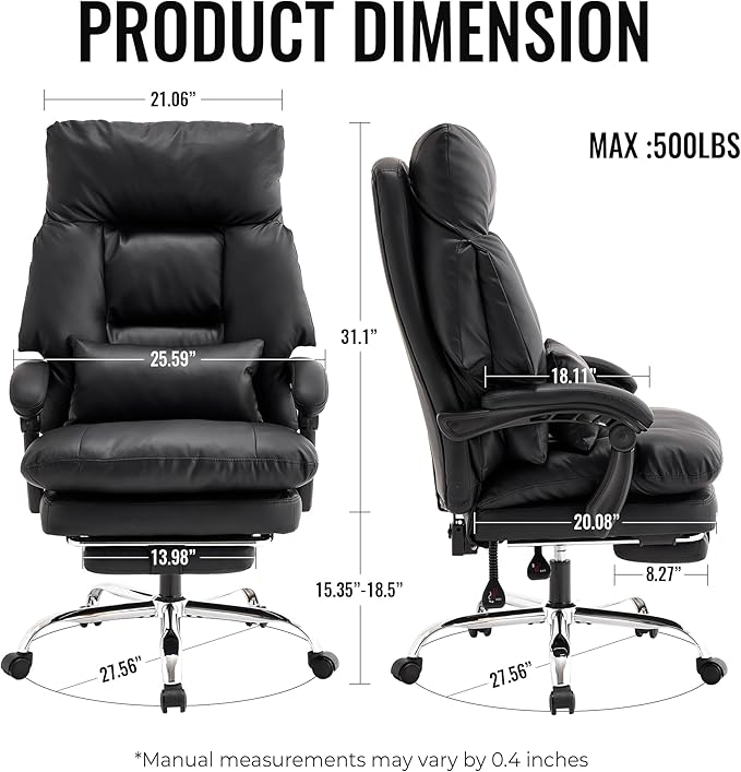 Office Chair with Footrest 500lbs,Reclining Leather Computer Chair for Heavy People, Big and Tall Comfy Executive Desk Chair with Lumbar Support & Pillow .High Back Black