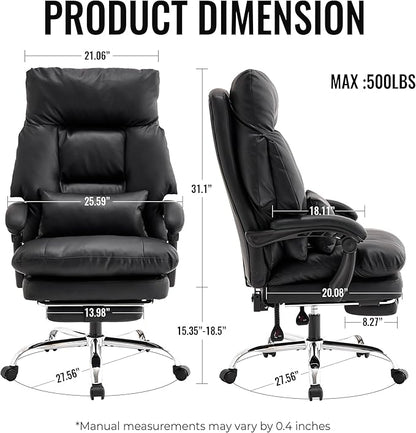 Office Chair with Footrest 500lbs,Reclining Leather Computer Chair for Heavy People, Big and Tall Comfy Executive Desk Chair with Lumbar Support & Pillow .High Back Black