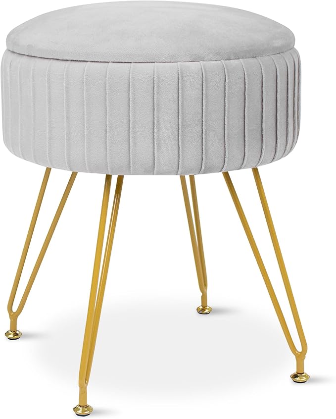 Round Vanity Stool with Storage Ottoman,Vanity Chair for Makeup Room with Removable Cover, Small Footrest Ottoman for Home, Living Room, Bedroom (Grey)