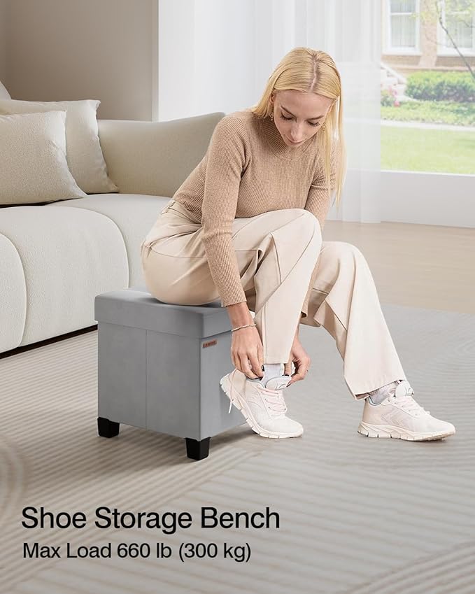 Cube Storage Ottoman, Velvet Foot Stool with Feet, Folding Bench, End of Bed Bench, Storage Chest, for Living Room, Bedroom and Office, 15 x 15 x 15.7 Inches, Dove Gray, ASND22G